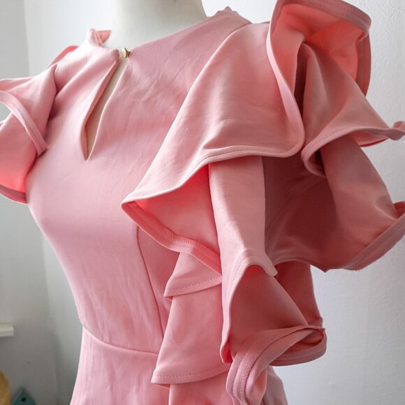 NYLON Ruffle Sleeve Peplum Top – Pink Keyhole Blouse | Size Small - Picture 2 of 9